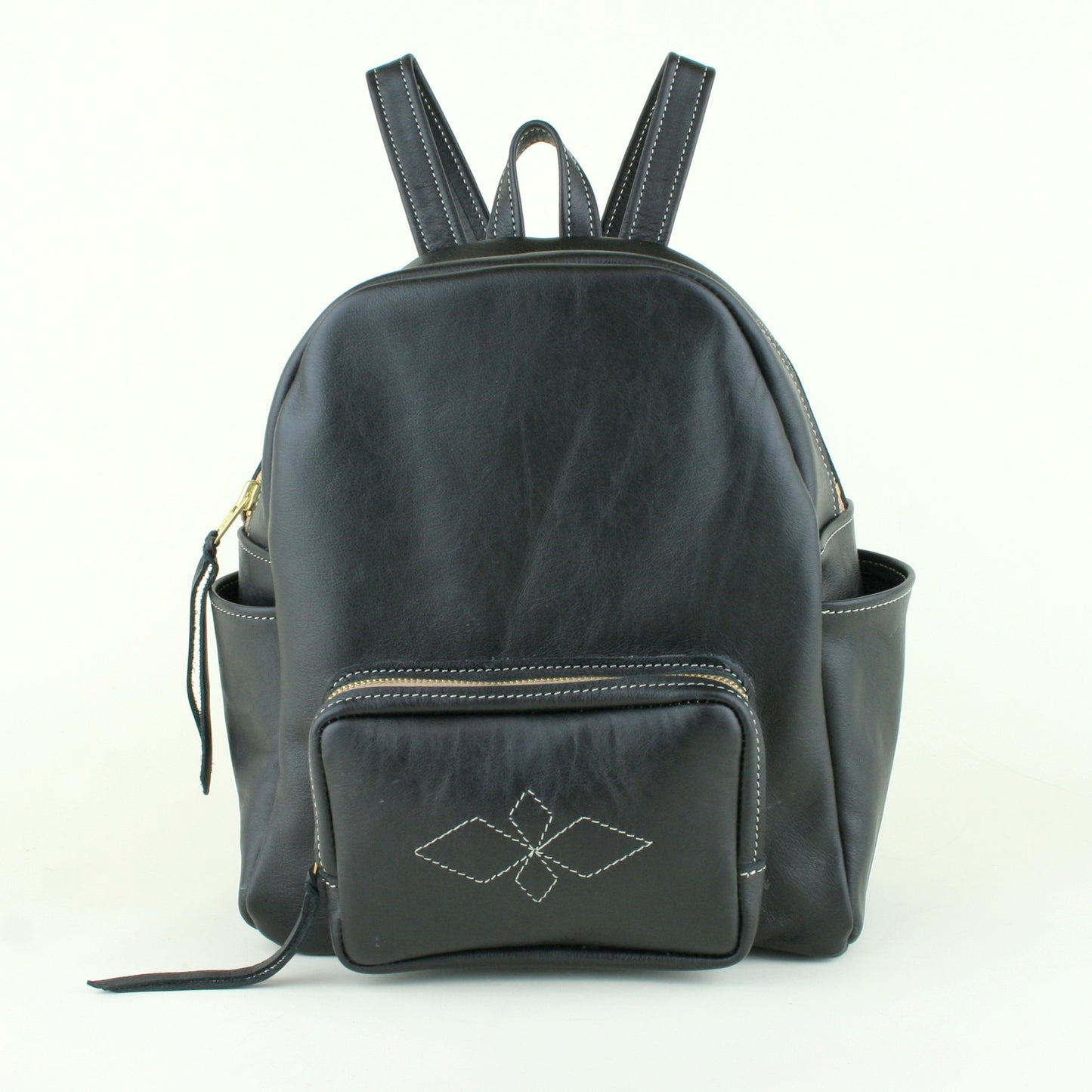 Black leather backpack made in USA.