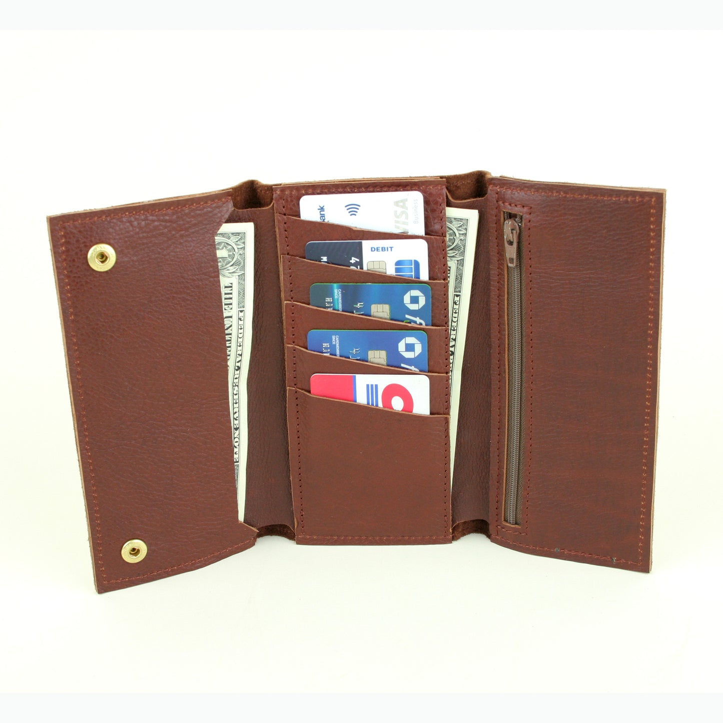 Interior of ladies leather wallet made in USA.