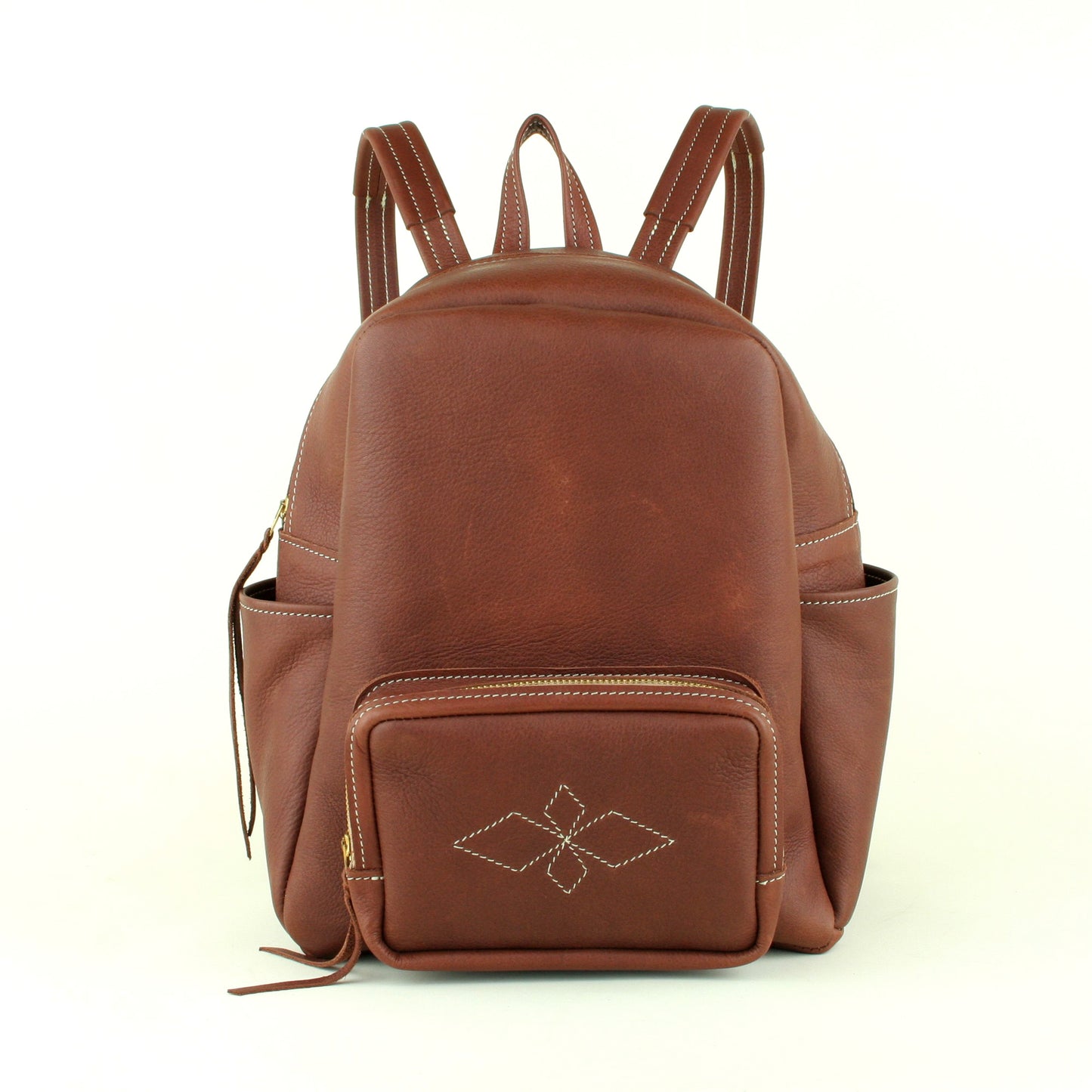 Brown leather backpack made in USA.