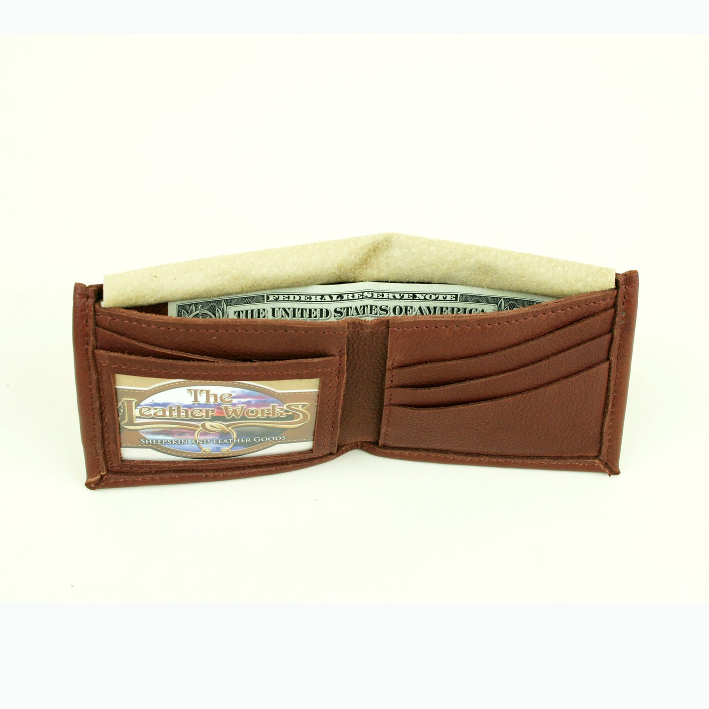 Leather wallet open, showing the hidden money compartment.