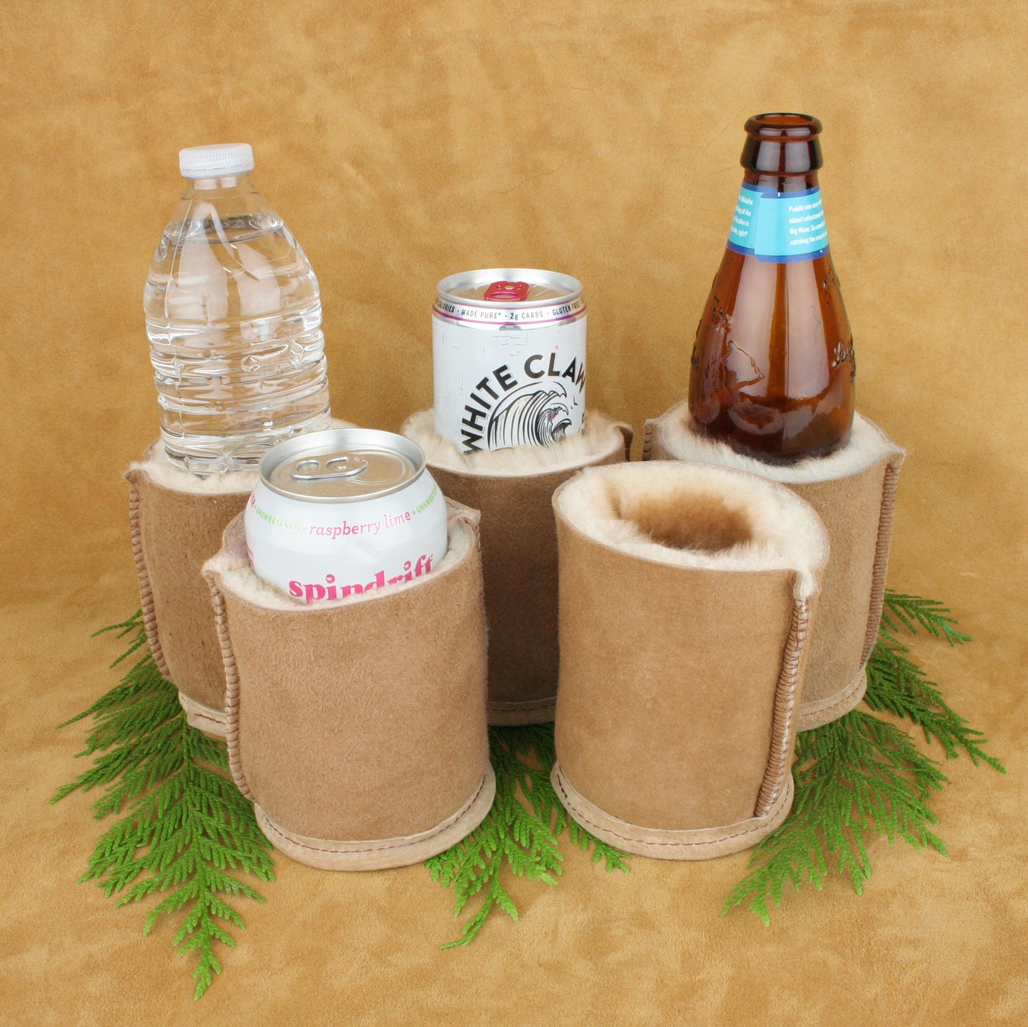 Fun novelty sheepskin can coolers. Made in USA.