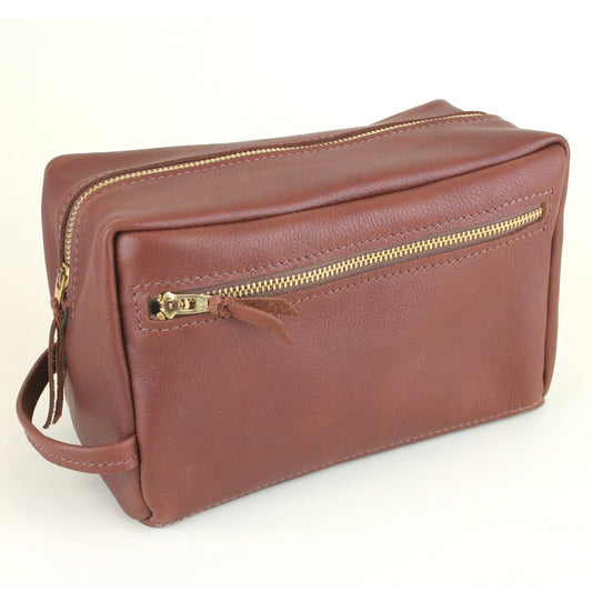 Brown soft leather toiletry bag made in USA.