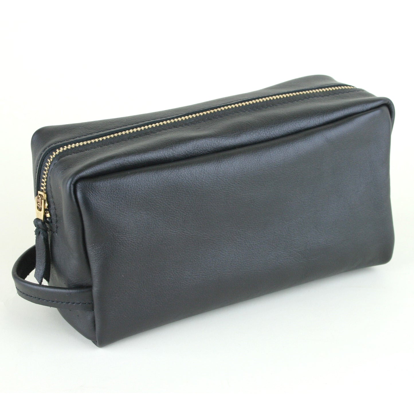 Black leather travel toiletry bag made in USA.