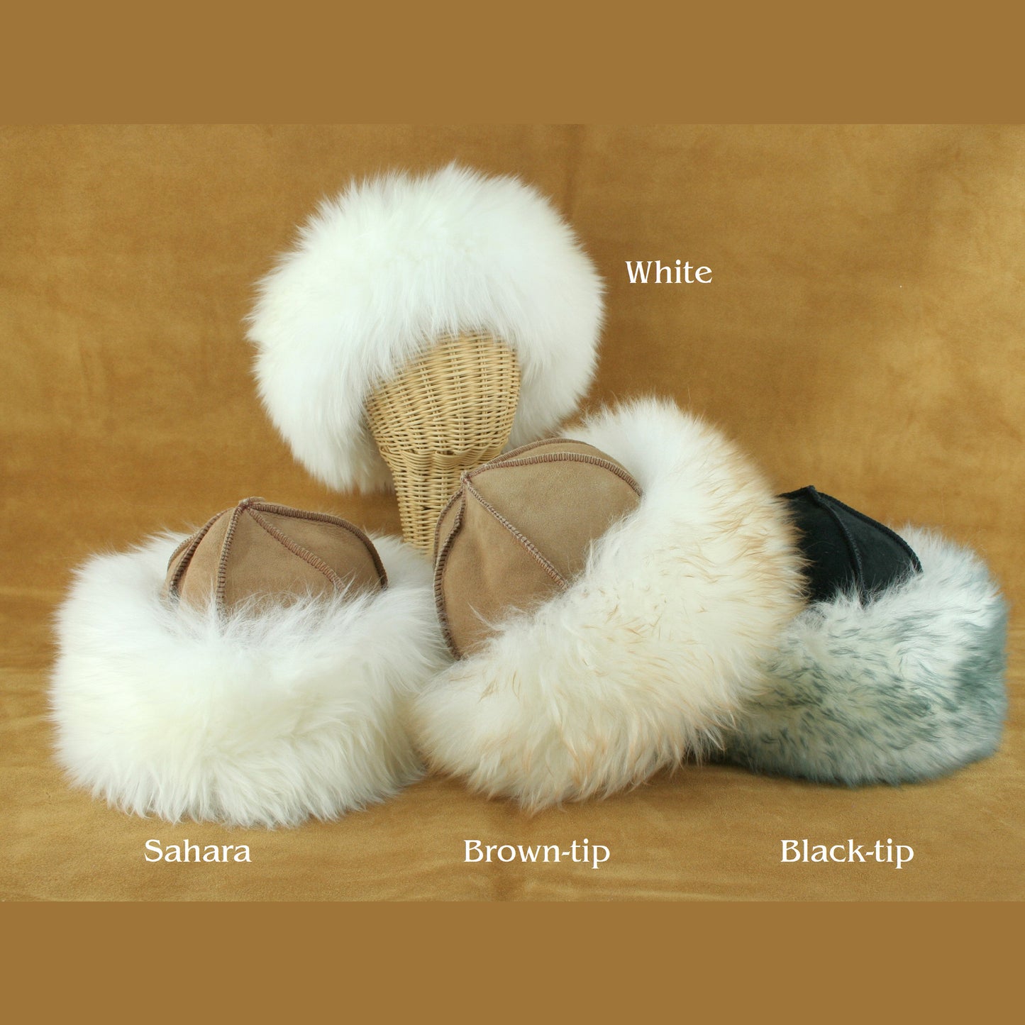 Group shot showing sheepskin hats fluffy wool brim.