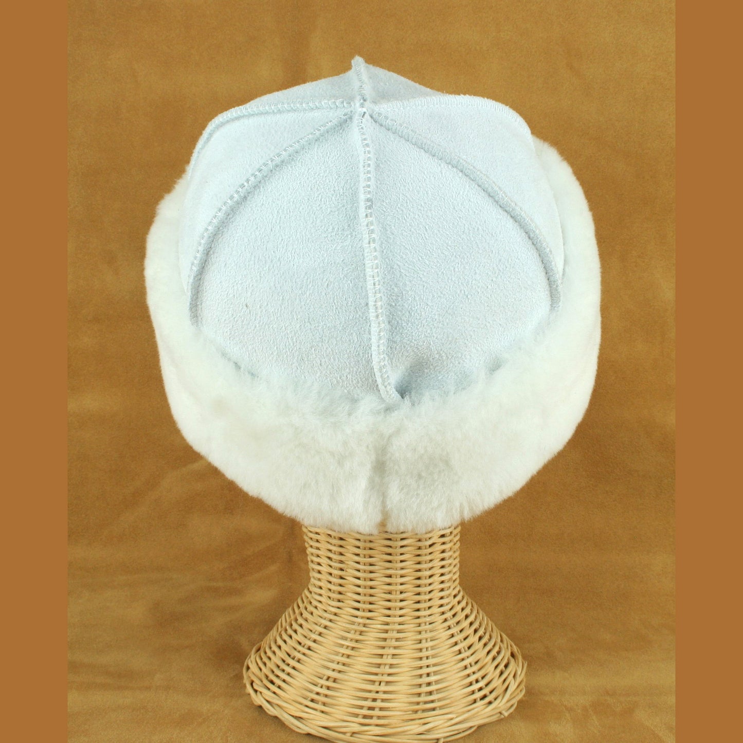 Back view of sheepskin hat made in USA.