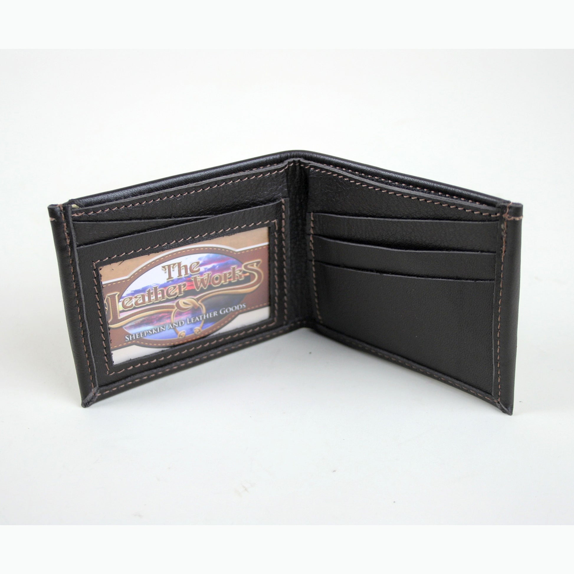 Leather wallet open showing card slots and ID window.