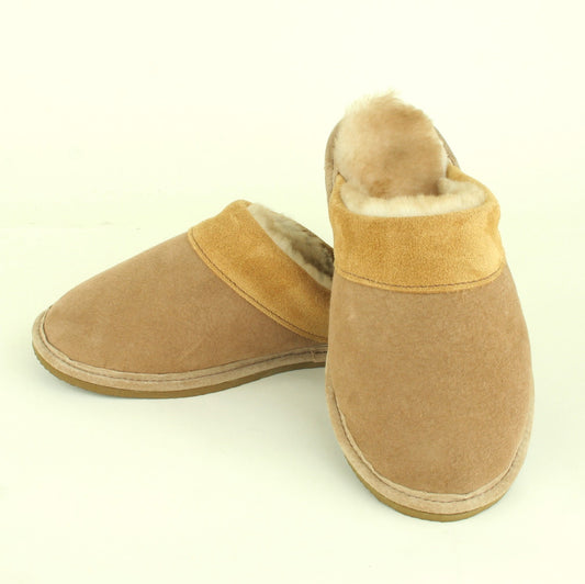 Men's sheepskin scuff style slipper, traction sole, made in USA.